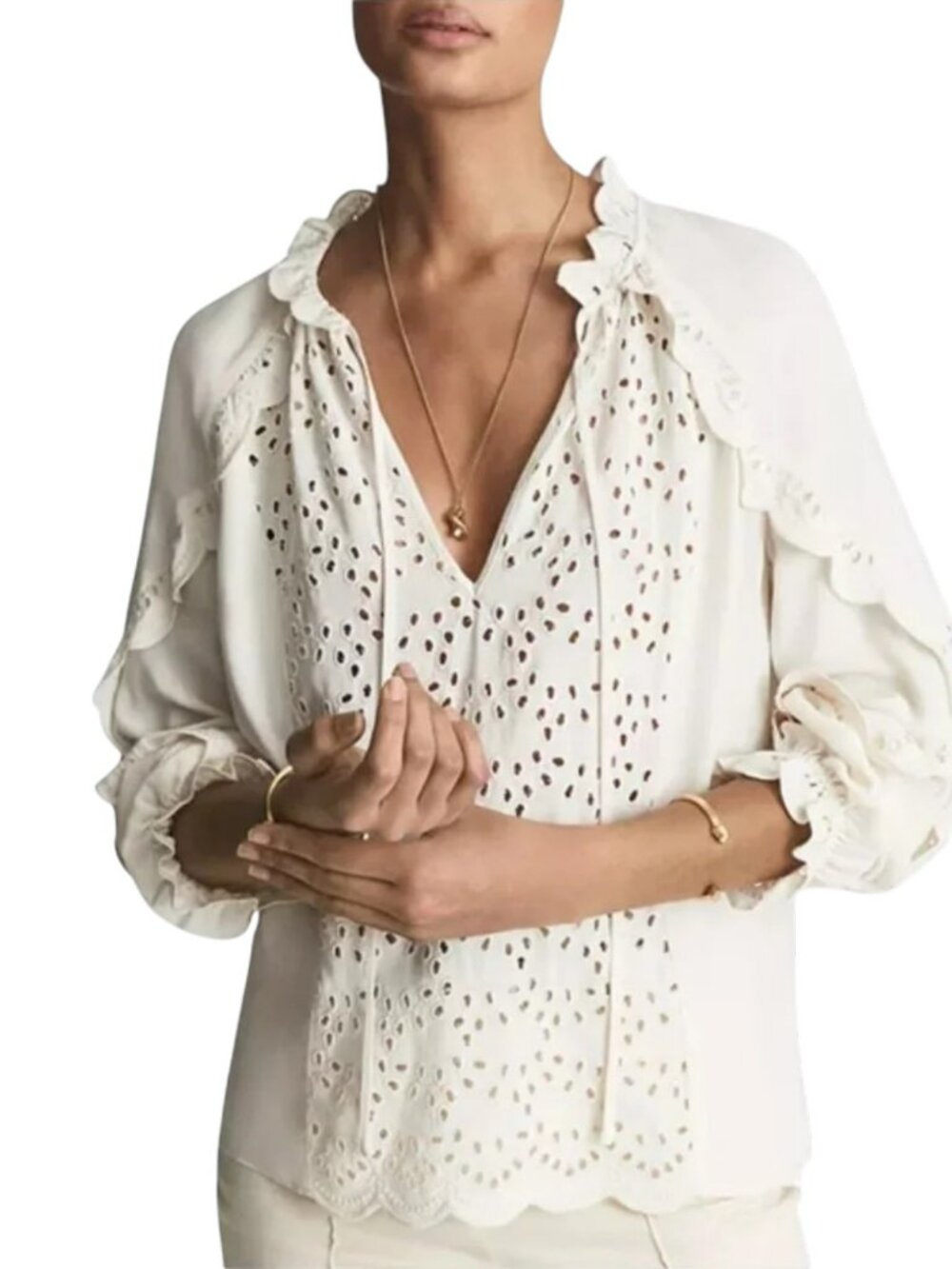 Reiss Flora Eyelet Blouse, White/Cream, Size 6 US